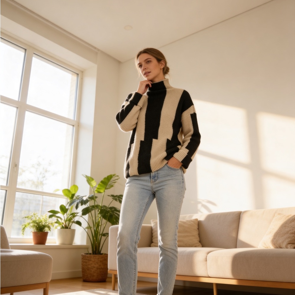 STYLEWE Knit Black and Cream Women's Turtleneck Sweater